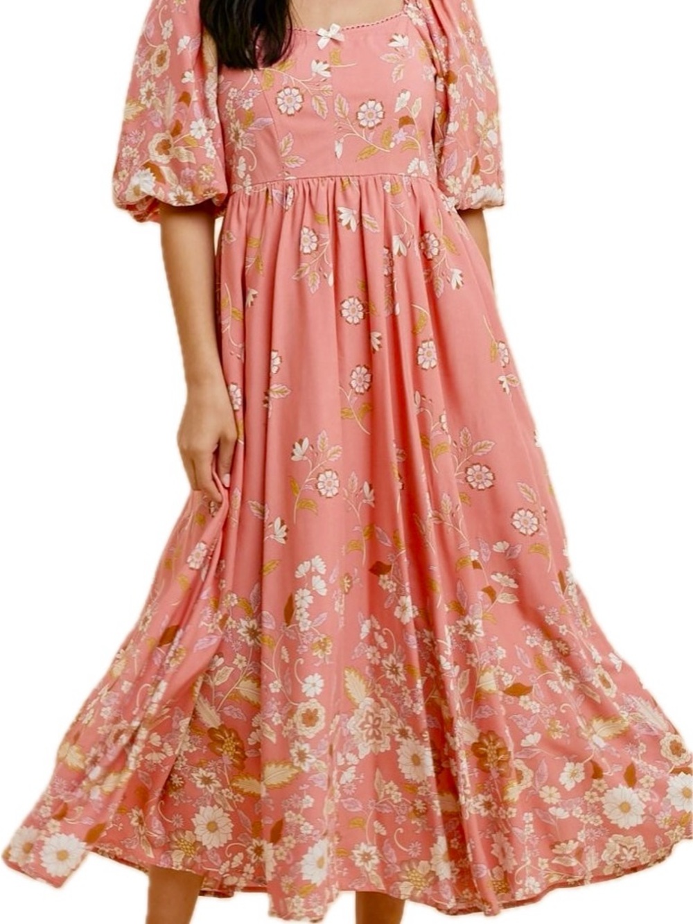 In Loom Boho Coral Smocked Puff Sleeve Dress